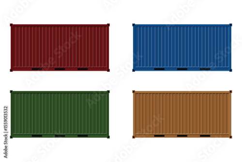 Four shipping containers of varying colors, including red, blue, green, and brown, are positioned horizontally against a stark white backdrop, exhibiting industrial aesthetic.
