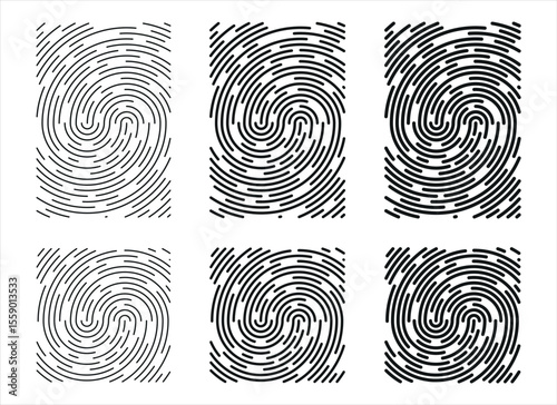 Six abstract representations of fingerprints, each created with black lines and white space. The prints vary in line thickness, density, and spiral tightness on white background.