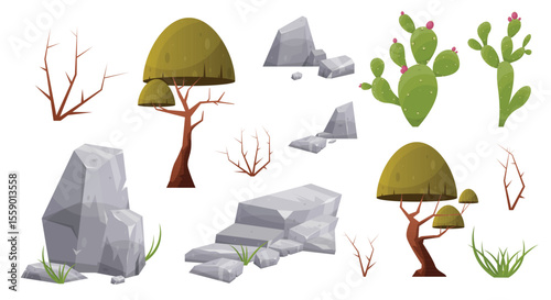 A set of cartoon desert foliage includes green cacti, bare shrubs, rock clusters, mushroom trees, and tufts of grass, providing a simple southwestern aesthetic. 