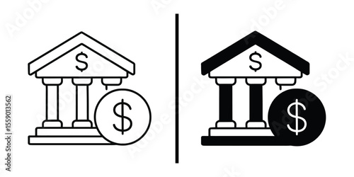 Financial Institution Icons: A striking pair of minimalist icons representing a bank and its essential financial concepts. The illustrations showcase the institution's structure.