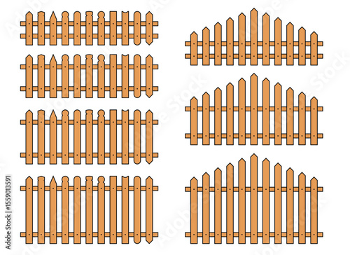The image showcases a diverse selection of wooden fence designs. Each fence style presents unique aesthetic qualities and construction, emphasizing their versatility and visual appeal.