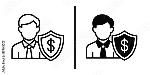 Financial Protection Icons: Two stylized icons portray financial protection with a shield featuring a dollar sign, representing security, and the concept of insurance and safeguarding assets.