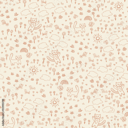 Modern Toile de Jouy - Happy Garden Cats Butterflies Birds - pink beige white