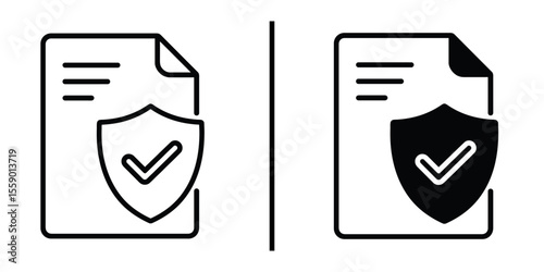 Protected Document: Two variations of a document protected by a shield icon, representing security and verification in business or digital context.
