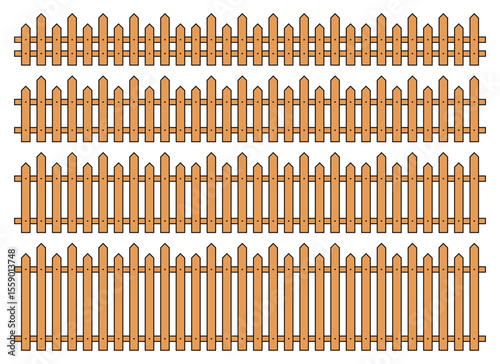 This image depicts four horizontal sections of tan-colored wooden picket fencing against a white background. The sections vary in height and design.