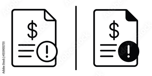 Invoice Error Icon Set: A minimalist icon set depicting an invoice document with an exclamation mark, symbolizing an error or issue with a financial statement.