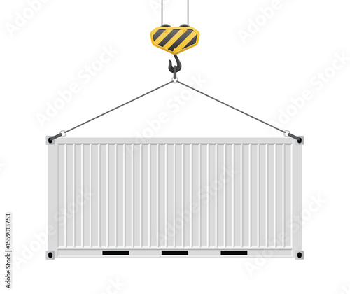 A white, corrugated metal shipping container hangs suspended in the air. A yellow and black striped crane hook is connected to the container with cables for industrial transportation.