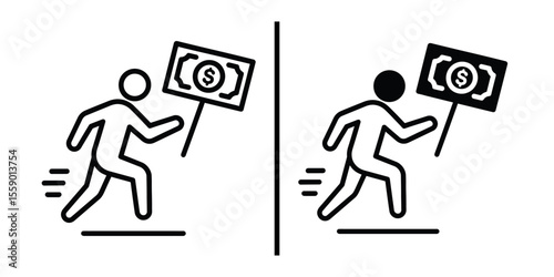 Chasing Money Icon: Two simple line icons depicting a person running while holding a sign with money symbol, symbolizing the pursuit of wealth and financial goals.