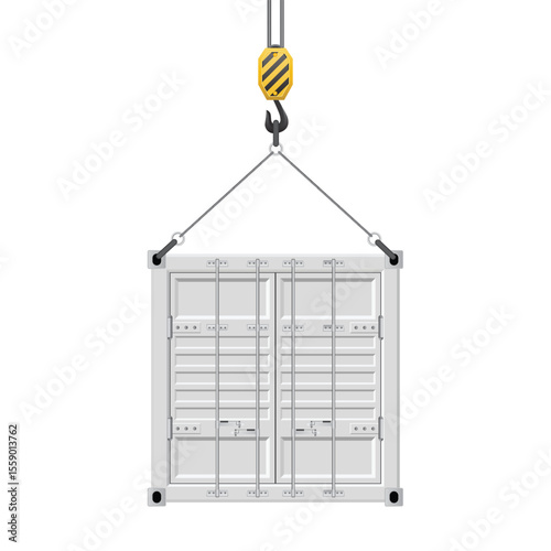 A white shipping container is suspended in mid-air by a yellow and black crane hook. The container's double doors face forward in an isolated industrial setting.