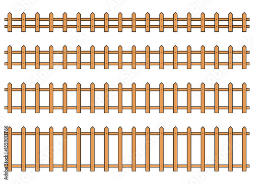 The image showcases four rows of wooden fences, each varying in style and height. Set against a plain white backdrop, they evoke a rural, pastoral atmosphere.