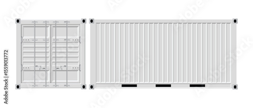 An illustration of a white shipping container. The container is seen from the front and side on a white background. It features the standard shape and details of a cargo box.
