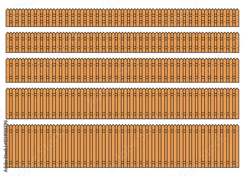 The image showcases different fence designs, each featuring a similar structure with vertical wooden planks. Variations in picket shapes and spacing create distinct aesthetics.