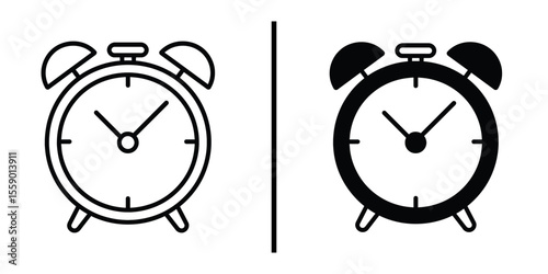 Dual Alarm Clocks: Featuring two contrasting designs, a simple line drawing and a bold silhouette, both classic alarm clocks stand side by side, symbolizing the concept of time.