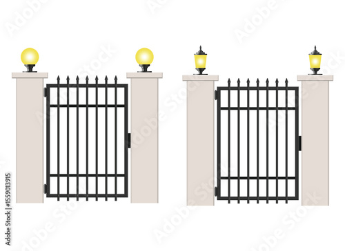 Two entrances with black iron gates attached to stone pillars, each topped with a decorative light fixture. One entrance has a spherical light, the other an ornate fixture.