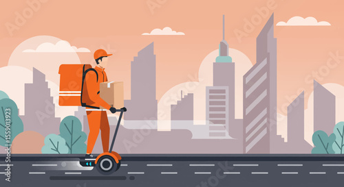 A delivery man in orange uniform rides an electric scooter with a package in a cityscape, offering a modern and efficient urban delivery service.