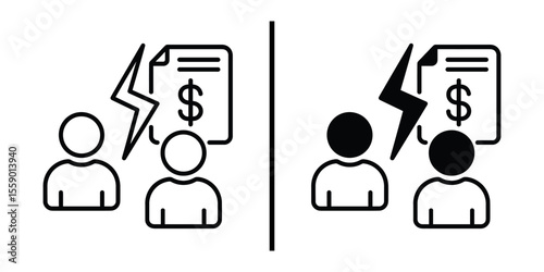 Debt Dispute: A stark depiction of financial disagreement, illustrated through simplified figures, money symbol, paper, and lightning.