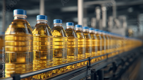 Production line showcasing numerous bottles filled with cooking oil in a factory