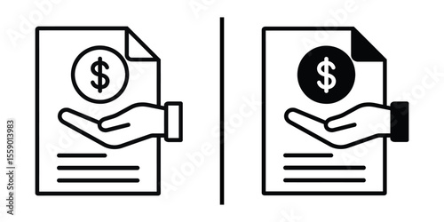 Financial Transaction Illustration: Depicting the core concept of a financial exchange, this monochrome illustration shows a hand offering a document with a currency symbol.