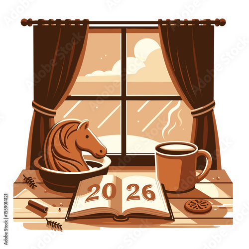 Warm 2026 winter scene with horse figurine and open book