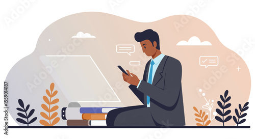 a man in a suit sitting on a desk with a laptop and a tablet