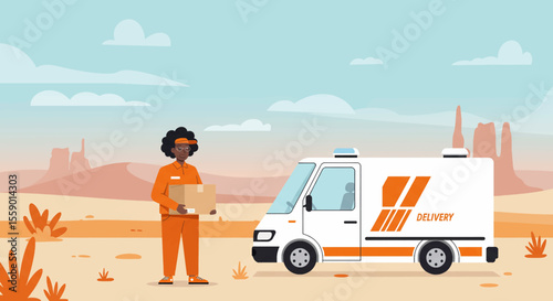 A delivery person stands in the desert, holding a package with a delivery van in the background, ready to deliver goods to customers quickly and safely.