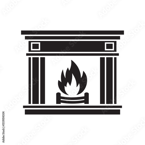 Cozy Black Silhouette of a Fireplace with Flames, Bringing Warmth and Comfort