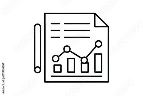 Data Analysis Icon: An elegant, minimalist line drawing showcasing a report with charts, graphs, and a pen, embodying the essence of information analytics and business intelligence.