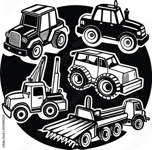 Collection of Various Cartoon Trucks and Construction Vehicles outline.