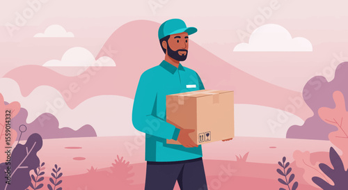 A smiling delivery man in a uniform carries a cardboard package, symbolizing efficient shipping and logistics services.