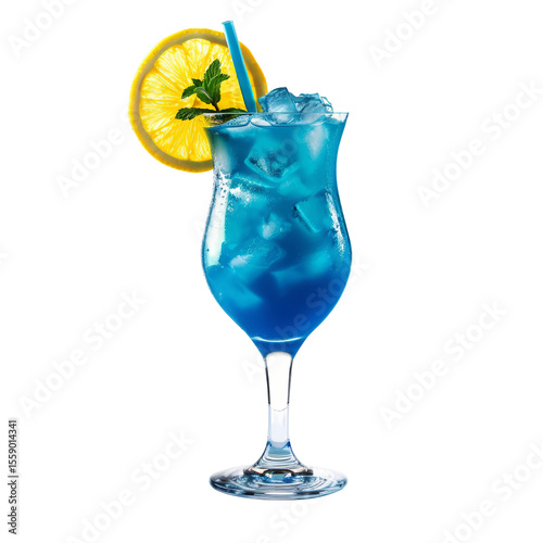 The Blue Lagoon is a vibrant, icy cocktail with a striking blue curasao base, mixed with vodka and lemonade. Garnished with lemon and mint, cut-out, clipping path, transparent