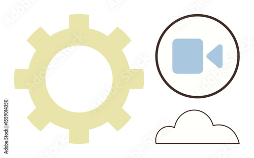 Yellow gear, blue camera icon within a circle, and outlined cloud signify technology, media creation, cloud collaboration. Ideal for innovation, digital tools, online services, teamwork industry