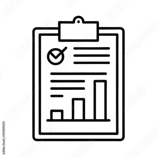 Business Report: A streamlined graphic illustration shows a clipboard with a report, featuring bar graphs and a checkmark, symbolizing analysis, data visualization, and successful assessment.