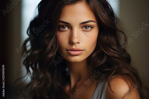 Studio portrait of a beautiful young woman with long, wavy brown hair exuding confidence and style