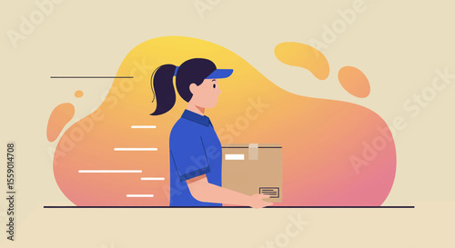 A female delivery person efficiently transports a package, symbolizing fast and reliable shipping services with a modern, abstract background.