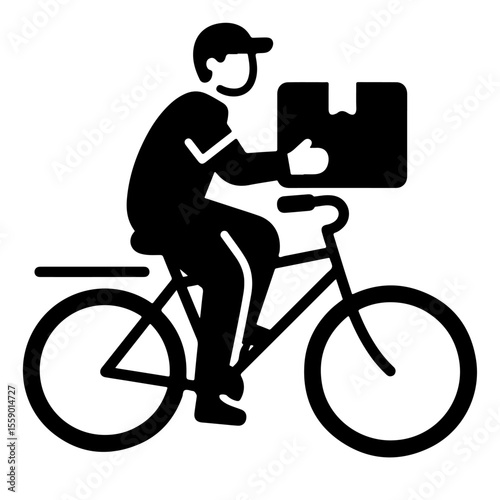 Black and white vector illustration of a delivery person on a bicycle carrying a package.