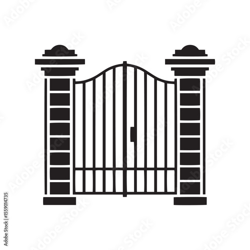 Black Silhouette of a Gate with Stone Pillars, Entrance Design