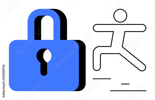 Blue padlock and simplified running figure. Ideal for cybersecurity, data protection, freedom, security, access, movement, privacy, simple landing page