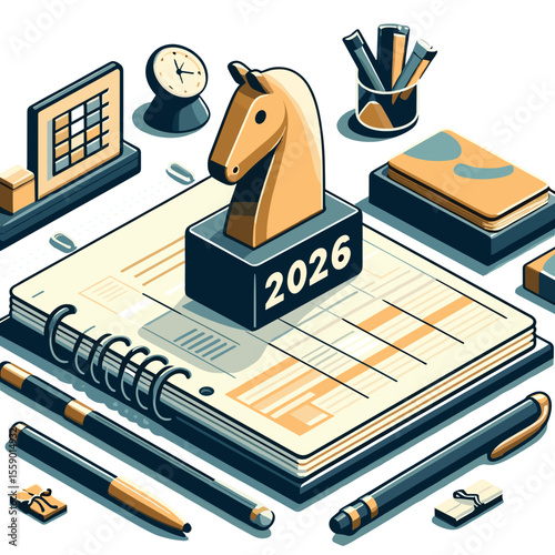  Horse figurine on 2026 planner with office supplies in flat design