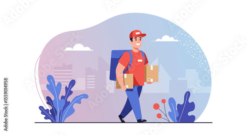 A cheerful delivery man carrying boxes walks against a backdrop of city buildings and stylized foliage, indicating a modern and efficient delivery service.
