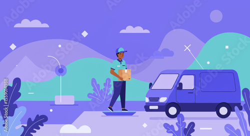 Delivery person with package arriving at a van in a stylized landscape with mountains and foliage.