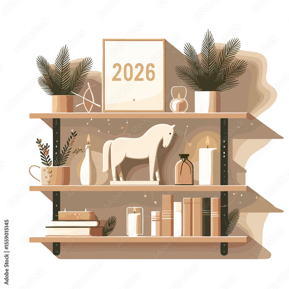 Wooden shelf with horse figurine books and 2026 decor