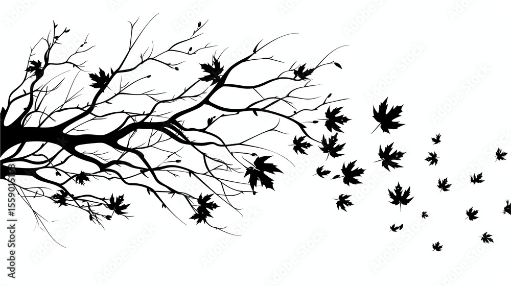 Obraz premium a silhouette of tree branch and falling leaves, artfully capturing the transition of seasons