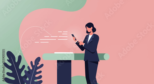 a woman in a business suit standing at a desk, focused on her smartphone, with a plant in the background. Suitable for landing page, banner, marketing, web design, presentation, infographic, etc.