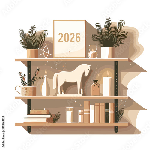 Wooden shelf with horse figurine books and 2026 decor