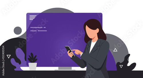 a woman using her phone while sitting at a desk