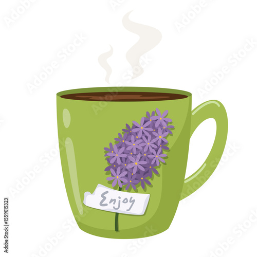 Green cup with tea, coffee. Cup with a flower on it. Vector isolated illustration on a white background.