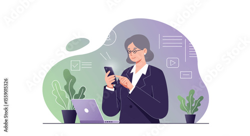 a woman in a business suit using a smartphone, with a laptop and potted plants in the background. Suitable for landing page, banner, marketing, web design, presentation, infographic, etc.