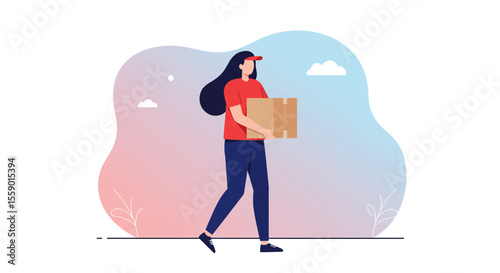 a person in a red shirt and blue cap carrying a cardboard box. Suitable for landing page, banner, marketing, web design, presentation, infographic, etc.