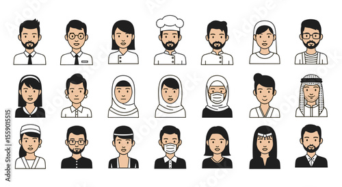 Diverse Multicultural Avatar Set Flat Vector Illustration of Professional, Casual, and Traditional Characters