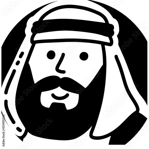 Black and white illustration of a man in traditional Middle Eastern attire